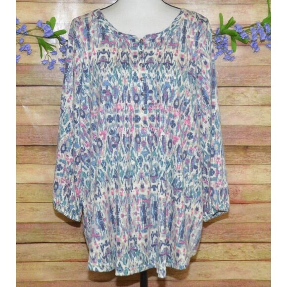 Rose + Olive Womens 3X Colorful Abstract Print Pleated 3/4 Sleeve Blouse Top - Picture 1 of 9